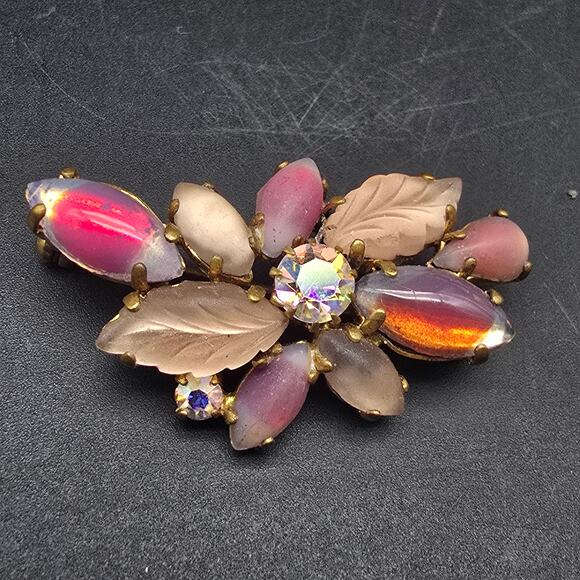 Pink Rhinestone Satin Glass Brooch Givre Vintage Glam Costume Jewelry - Picture 1 of 8